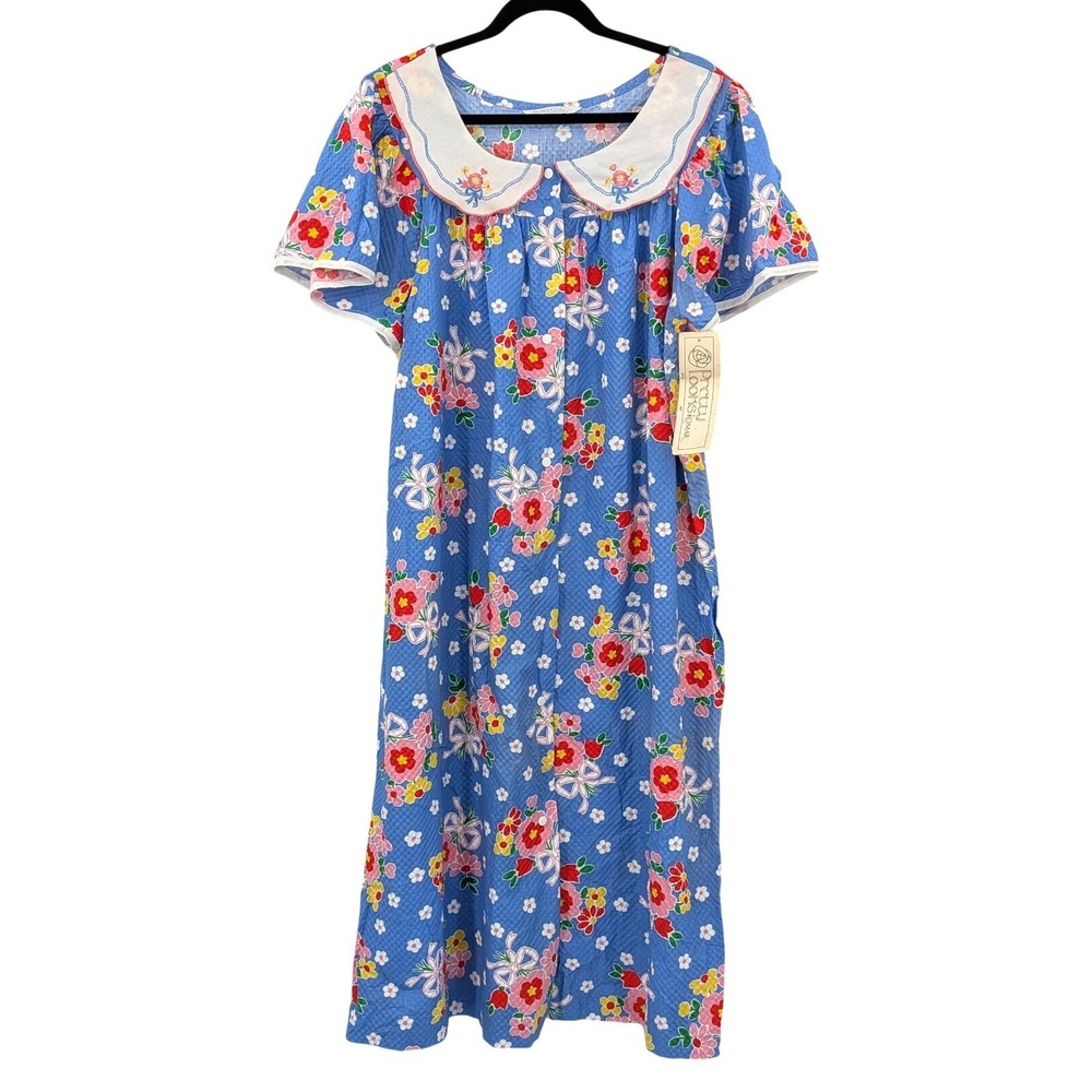 Vintage‎ Floral Housecoat Dress Cotton Peter Pan Collar Cottagecore Blue Midi L